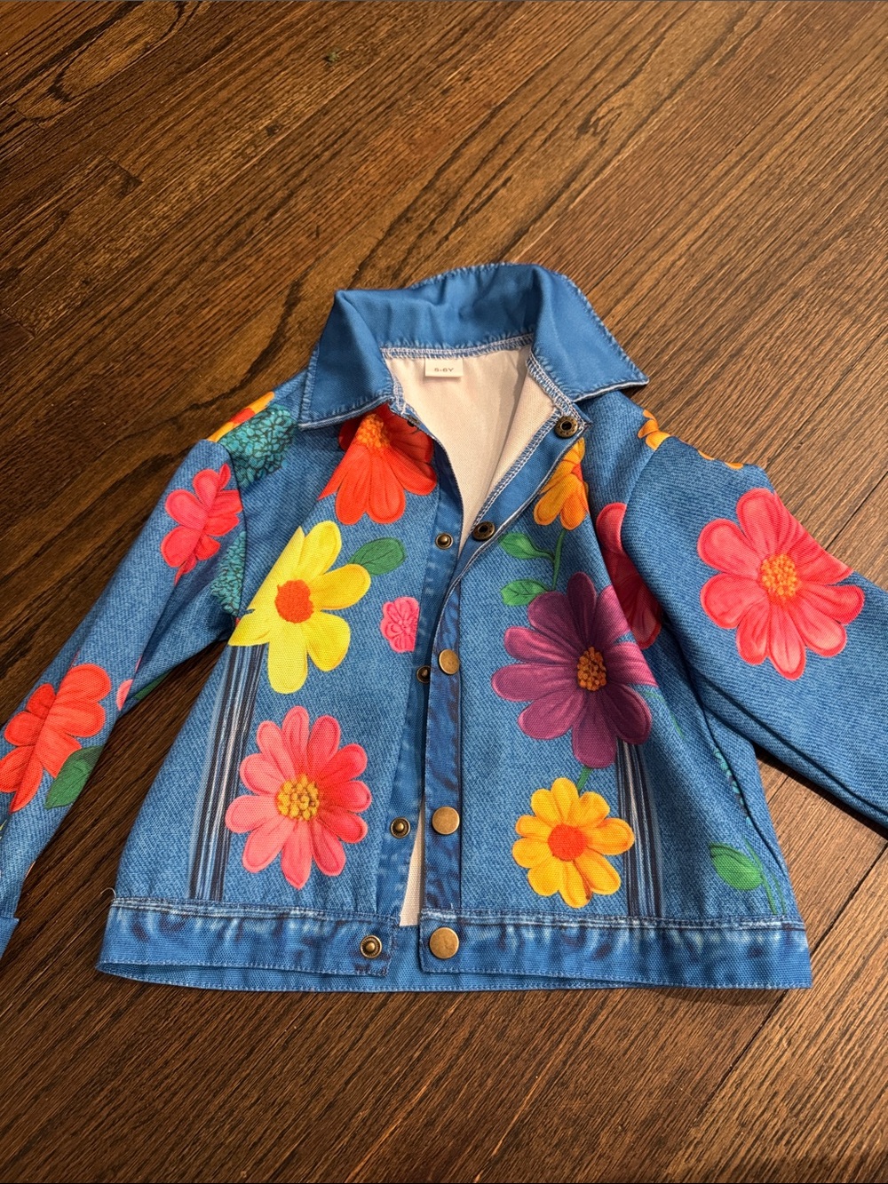 Kids Blue Denim Floral Snap-Front Jacket